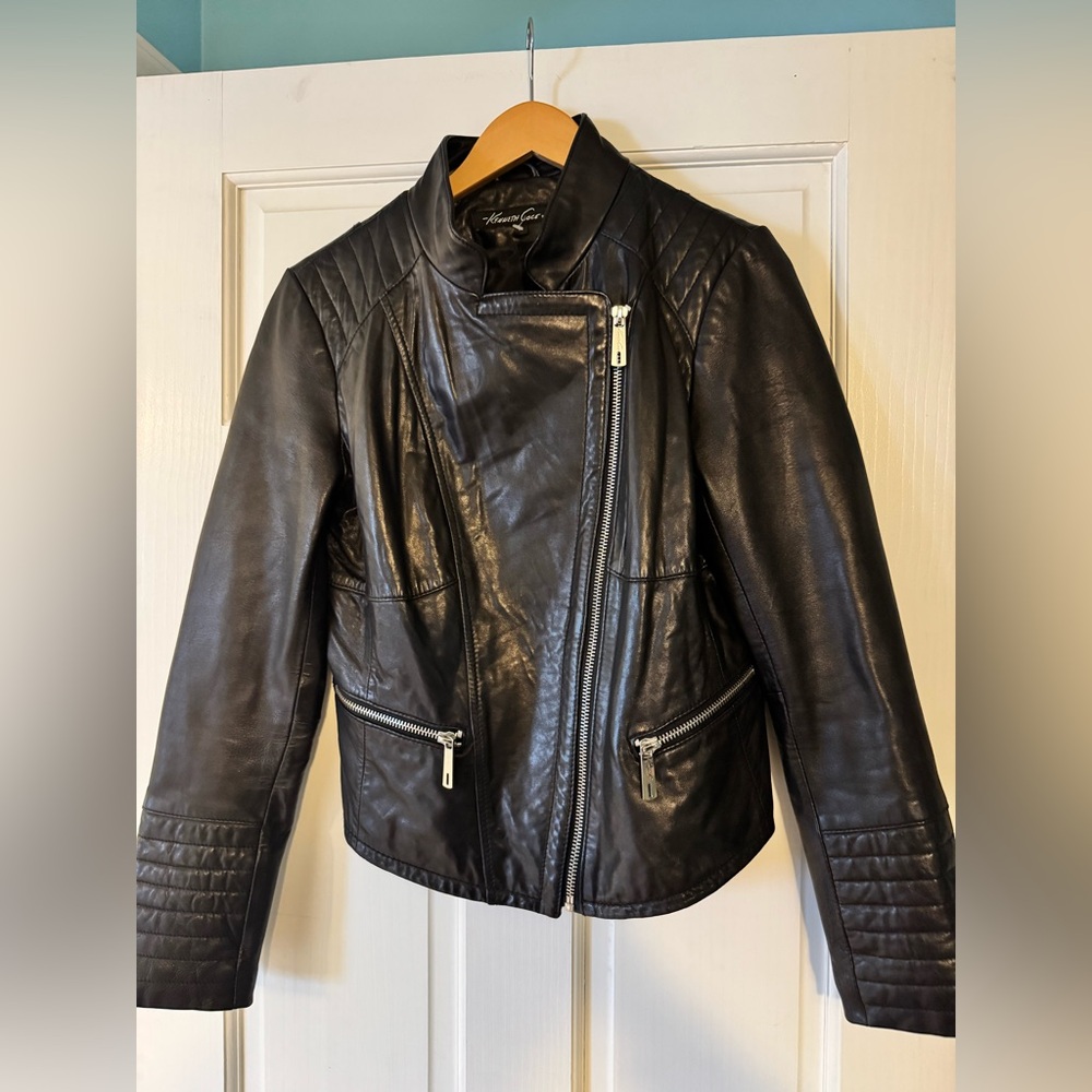 Genuine Leather Asymmetric Zip Black Jacket - Kenneth Cole